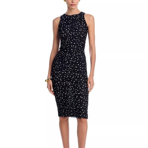 119$ Bardot Felicia Polka Dot Mesh Midi Sheath Dress Sleeveless Size 8 Black - Picture 1 of 4